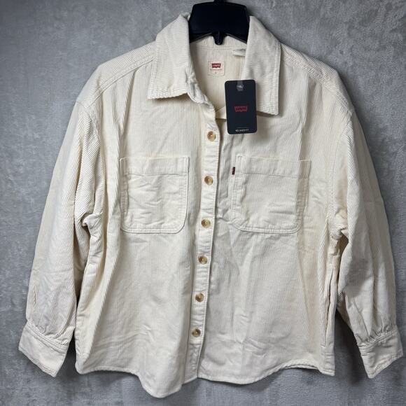Levi's NEW Shirt Shacket Womens Large Cream Corduroy Relaxed Fit Button Up Logo - Picture 1 of 14